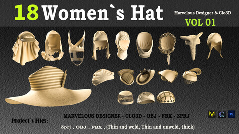 18 WOMEN`S HAT MODELS VOL1  (CLO3D & MARVELOUS DESIGNER ) ZPRJ,FBX,OBJ,PNG,UV