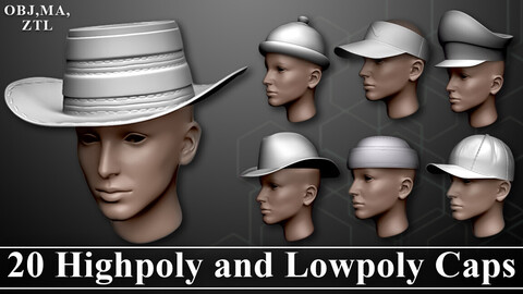 20 Highpoly and Lowpoly caps