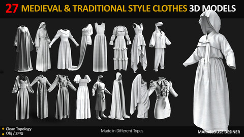 27 MEDIEVAL AND TRADITIONAL STYLE CLOTHES 3D MODELS