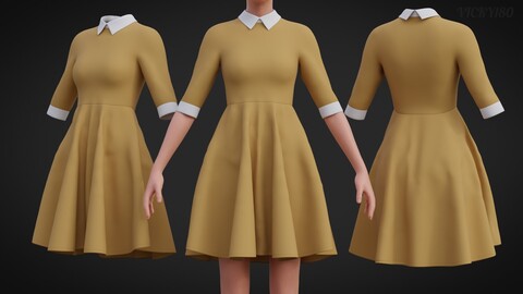 3D Mustard collar Flare formal dress - office gown