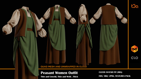 Peasant Women Outfit 3D Model - Marvelous Designer / Clo3D