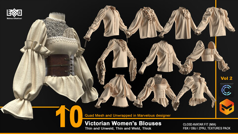 10 Victorian Women's Blouses - VOL2 (ZPRJ+FBX+OBJ Files) + Gift (1 3DModel with Material)