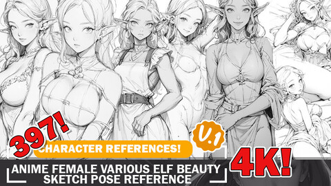 397 Various Anime Female Elf Beauty Sketch Action Pose Characters Reference Intricate Designs and Designs Reference Art V1 4K