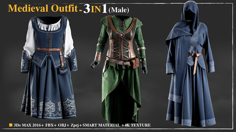 medieval Outfit - 3 IN 1 / Marvelous Designer / 4k Textures/Smart material / OBJ-FBX