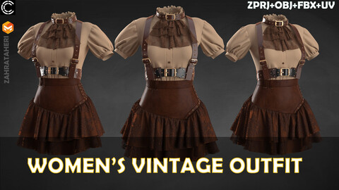 WOMEN'S VINTAGE (STEAMPUNK)  OUTFIT (Clo3D Project + OBJ +FBX)