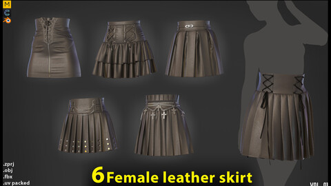 6 female leather skirt-MD/Clo3d (OBJ+ FBX+ ZPRJ)+ 4K Textures (VOL01)