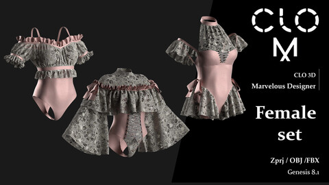 Female set/ Marvelous Designer/Clo3D project file + OBJ, FBX