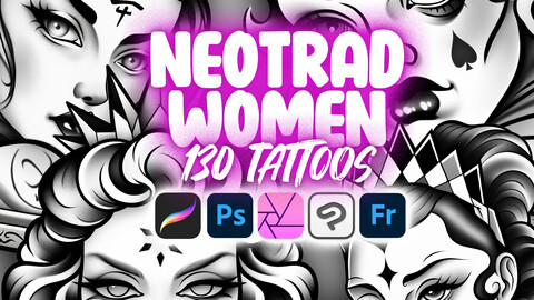 130 Procreate Neotraditional Women Tattoo Stamps | Procreate Neo-traditional Ladies Tattoo | Procreate Woman Face Tattoo | Procreate Tattoo | Photoshop Neotraditional Women Tattoo | Clip Studio Paint Neotraditional Women Tattoo