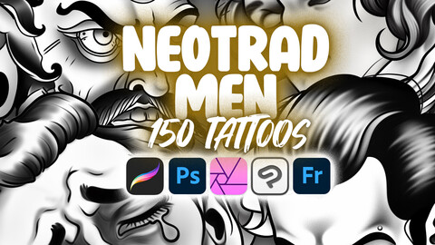 150 Procreate Neotraditional Men Tattoo Stamps | Photoshop Neo-traditional Gentleman Tattoo | Clip Studio Paint Man Face Tattoo | Procreate Male Tattoo Stamps | Procreate Boys Tattoo Stamps