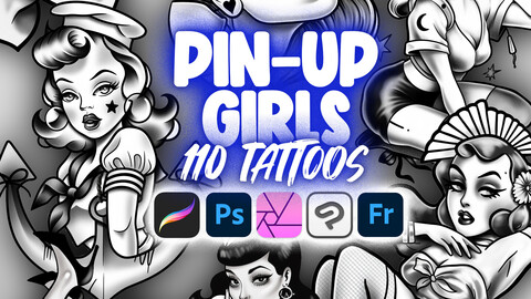 110 Procreate Pin-up Ladies Tattoo Stamps | Photoshop Neo-traditional Pin up Women Tattoo | Clip Studio Paint Girls Face Tattoo | Procreate Female Tattoos Stamps | Procreate Woman Tattoos References | Procreate Tattoos Brushes