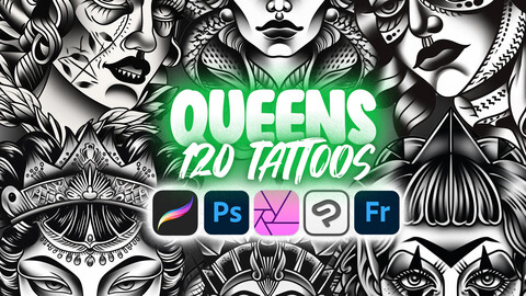 120 Procreate Queens Tattoo Stamps | Photoshop Fantasy Tattoo | Procreate Tattoo Designs | Procreate Women Tattoo | Tattoo Templates | Clip Studio Paint Tattoos Brush | Photoshop Queens Tattoo | Clip Studio Paint Queens Tattoo