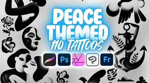 110 Procreate Peace Themed Tattoo Stamps | Photoshop Minimalistic Tattoo | Abstract Tattoo Stamps | Clip Studio Paint Tattoo Designs