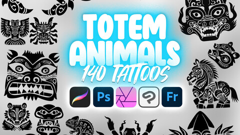 140 Procreate Totem Animals Tattoos Stamp Brushes | Photoshop Procreate Totem Animals Tattoos | Clip Studio Paint Totem Animals Tattoo Brush