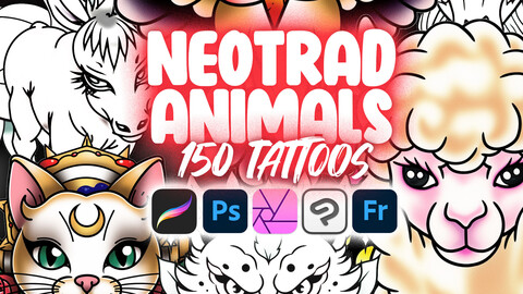 150 Procreate Neo Traditional Animals Tattoo Stamps | Photoshop Neo Traditional Animals Tattoo Stamps | Clip Studio Paint Animals Tattoo