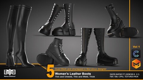 5 Women's Leather Boots - VOL1 (ZPRJ+FBX+OBJ Files)