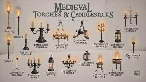 Medieval Torches And Candle Sticks