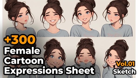 +300 Female Cartoon Expressions Sheet Concept