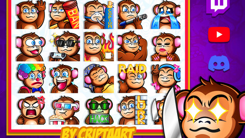 Monkey Twitch Emotes Mega Pack,  Ape, Channel Points, Chibi Gorilla, Kawaii / Stream, Youtube, Kick, Tiktok