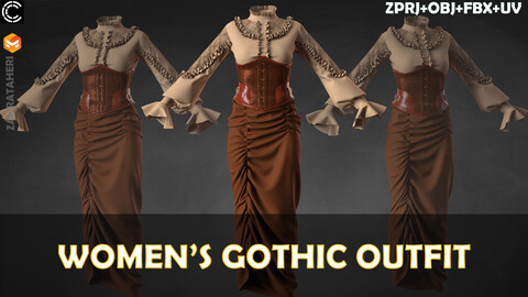 WOMEN'S GOTHIC OUTFIT (Clo3D Project + OBJ +FBX)