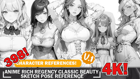 398 Various Anime Rich Regency Classical Beauty Sketch  Pose Characters Reference Intricate Designs and Designs Reference Art V1 4K