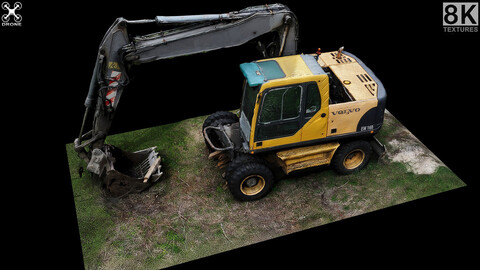 construction-site excavator on wheels drone photogrammetry