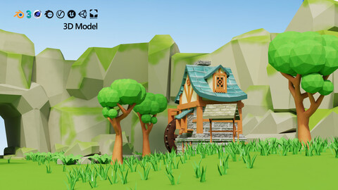 Low Poly Mountain Village Scene