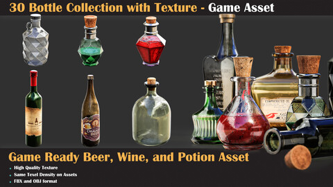 30 Bottle Collection with Texture - Game Asset