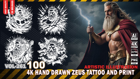 100 4K HAND DRAWN ZEUS TATTOO AND PRINT - ARTISTIC ILLUSTRATION - HIGH END QUALITY RES - (TRANSPARENT & ALPHA) - VOL261