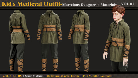 Kid's Medieval Outfit- MD/Clo3d + Smart Material + 4K Textures + OBJ + FBX (vol 01)