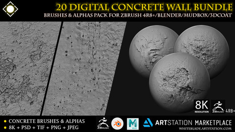 20 Digital Surface Concrete Wall Brushes & Alphas BUNDLE- ZBrush 4R8+/Blender/Mudbox/3dcoat