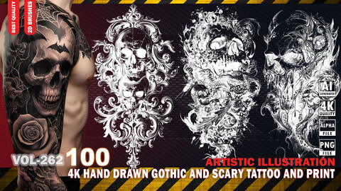 100 4K HAND DRAWN GOTHIC AND SCARY TATTOO AND PRINT - ARTISTIC ILLUSTRATION - HIGH END QUALITY RES - (TRANSPARENT & ALPHA) - VOL262