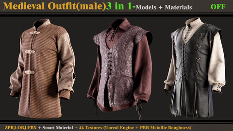 3 in 1 Medieval Outfit-MALE-MD/Clo3d (OBJ + FBX +ZPRJ) + Smart Material + Textures (SINGLE & PACK)