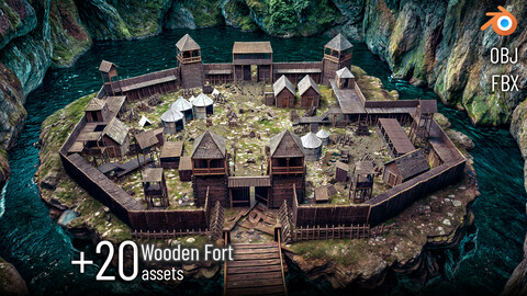 +20 Wooden Fort Kitbash + 4k Texture (Game Ready) Vol.04