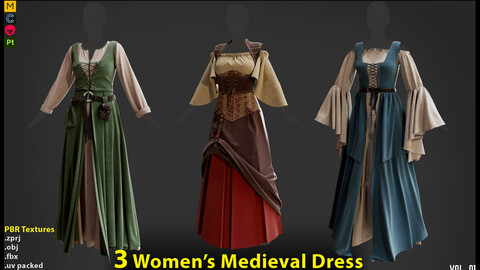 3 in 1 Women's Medieval Dress- MD/Clo3d (OBJ+ FBX+ ZPRJ)+ 4k Textures