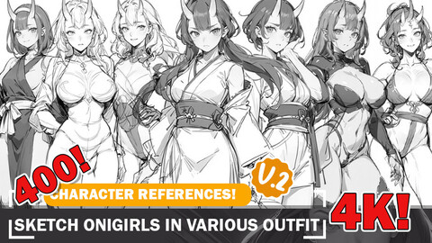 400 Unique Oni Girl Beauties in Various outfit - Character Sketch Reference and Designs Reference Art V2 4K