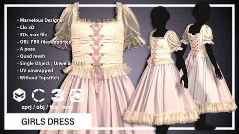 GIRLS DRESS(CLO3D, MD PROJECTS+OBJ+FBX)