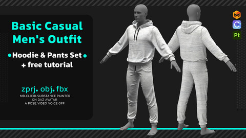 Basic Casual 3D Hoodie & Pants Set+ tutorial+ obj+ fbx+ zprj+ textures