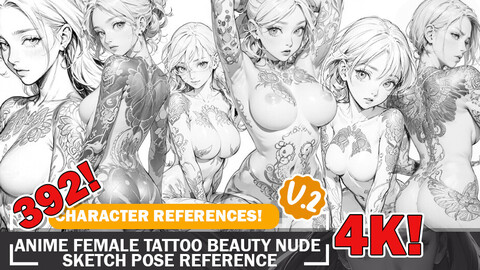 392 Various Anime Female Tattoo Beauty Nude Sketch Pose Characters Reference and Designs Reference Art V2 4K