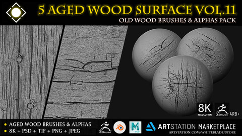 5 Old Age Wood Digital Surface Brushes & Alphas Vol.11 - ZBrush 4R8+/Blender/Mudbox/3dcoat