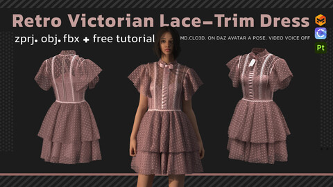 Retro Victorian Lace-Trim Dress + obj+ fbx+ zprj+ tutorial