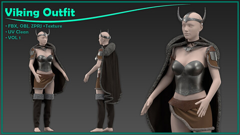 female viking outfit with texture/ zprj+obj+fbx+4K PBR/ clo3d, marvelous designer/vol1