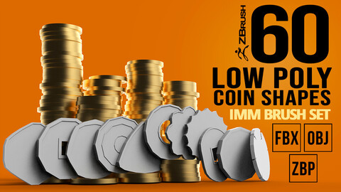 60 various coin or money base mesh shapes imm Zbrush set, obj and fbx files.