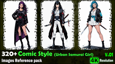 320+ Comic Style (Urban Samurai Girl) Images Reference Pack - 4K Resolution - V.01