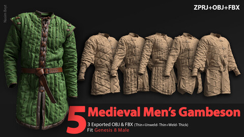 5 Medieval Men's Gambeson Pack (VOL.01). Marvelous Designer/Clo3D project file+OBJ,FBX