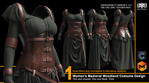 Women's Medieval Woodland Costume Design (ZPRJ+FBX+OBJ Files)