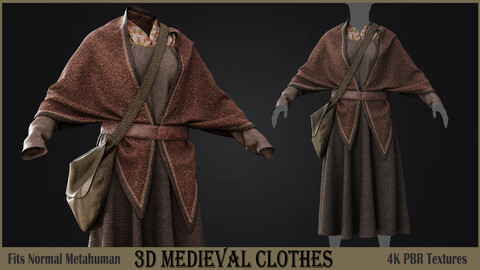 3D medieval female dress Fbx +Obj+ Zprj+ Textures