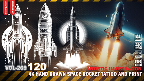 120 4K HAND DRAWN SPACE ROCKET VECTOR DESIGN - ARTISTIC ILLUSTRATION + SVG  (TRANSPARENT & ALPHA) - VOL269