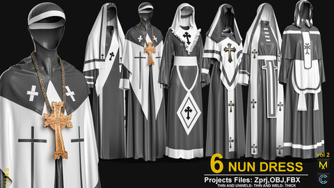 6 NUN DRESS VOL 2 (MARVELOUS DESIGNER AND CLO3D)ZPRJ, OBJ, FBX,UV)