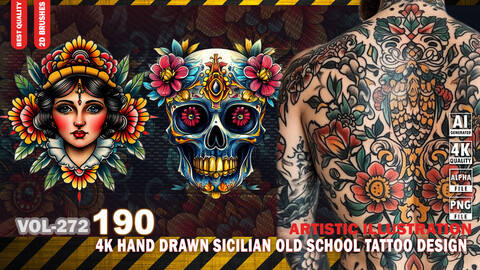 190 4K HAND DRAWN SICILIAN OLD SCHOOL TATTOO DESIGN - ARTISTIC ILLUSTRATION - HIGH END QUALITY RES - (TRANSPARENT & ALPHA) - VOL272