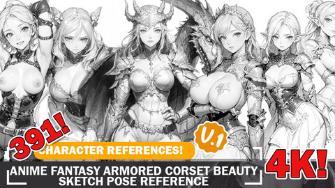 391 Anime Fantasy Armored Corset Beauties Sketch Poses Diverse Outfits Intricate Designs and Reference Art V1 4K